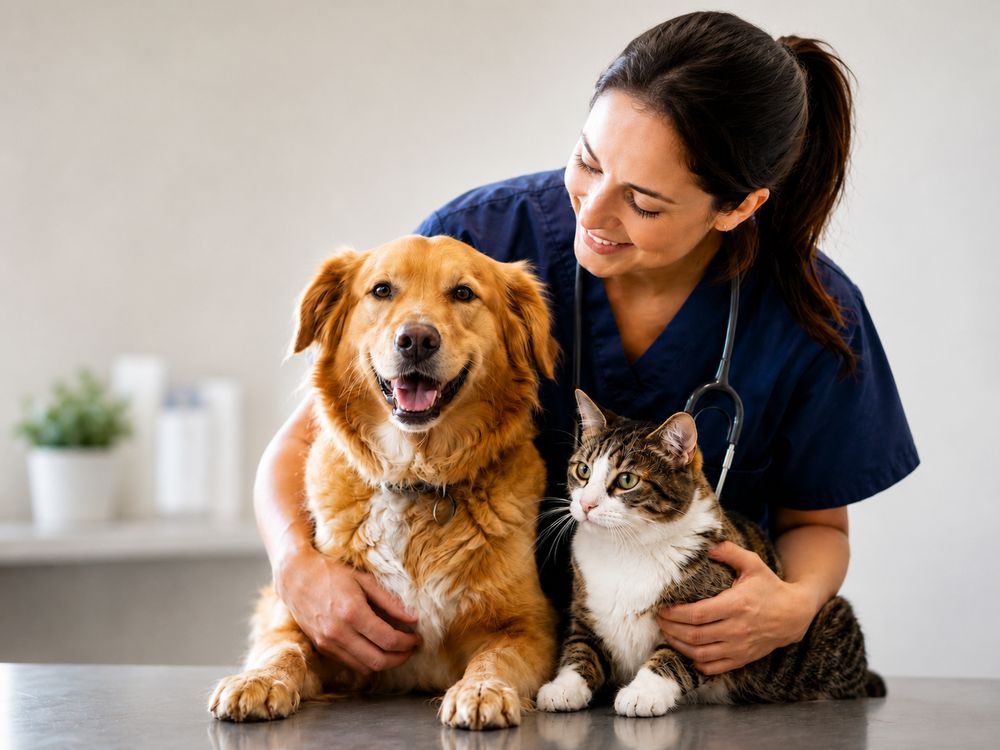 Veterinarian examining a dog during a community clinic visit